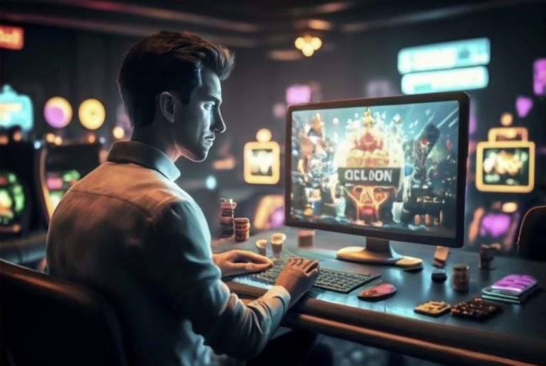 une personne joue à des jeux de casino sur un ordinateur dans une salle de casino